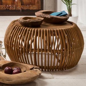 Runder Couchtisch aus Rattan Teak Massivholz