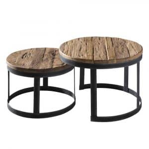 Zweisatz Tisch runde Tischform aus Teak Altholz und Metall (zweiteilig)