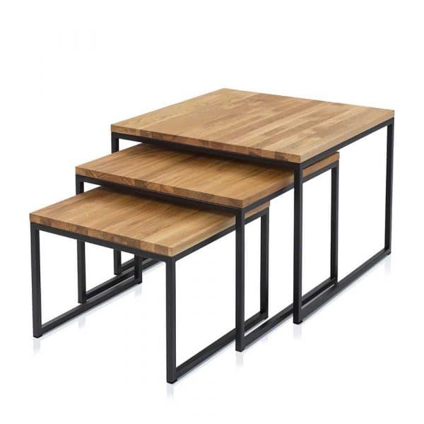 Sofatisch Set aus Asteiche Massivholz Eisen (dreiteilig)
