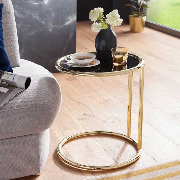Sofa Anstelltisch mit schwarzer Glasplatte Stahlgestell in Goldfarben