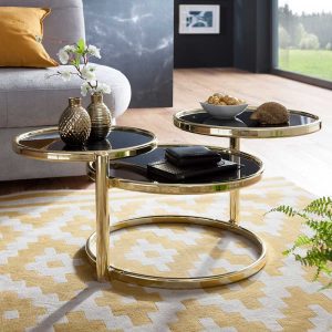 Design Couchtisch im drei runden Glasplatten Schwarz und Goldfarben