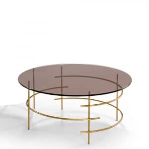 Design Couchtisch mit runder Rauchglasplatte 4-Fußgestell in Goldfarben