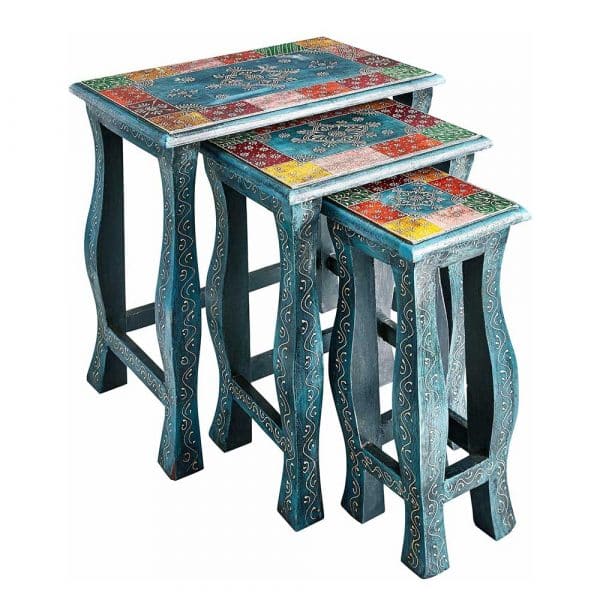 Beistelltisch Set in Blau und Bunt Shabby Chic Design (dreiteilig)