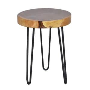 Holztisch aus Mungur Massivholz und Eisen rund