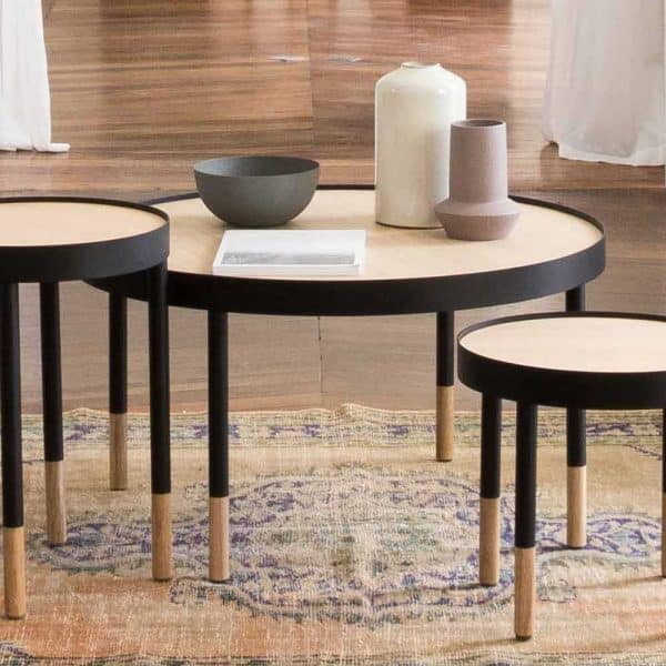 Sofa Beistelltisch in Schwarz und Eiche rund