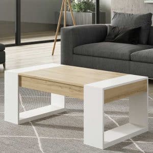 Sofa Tisch in Weiß und Wildeiche Optik hochklappbarer Tischplatte