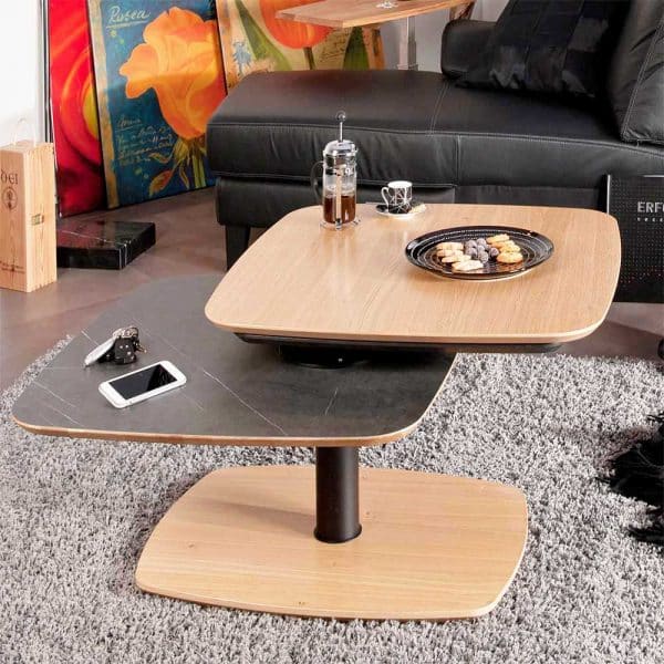 Sofatisch in Schwarz und Eiche Bianco schwenkbarer Tischplatte