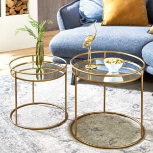 Couch Beistelltische aus Spiegelglas und Stahl Goldfarben (zweiteilig)
