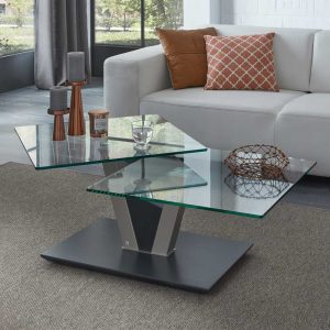 Design Couchtisch mit zwei schwenkbaren Glasplatten Säulengestell aus Metall