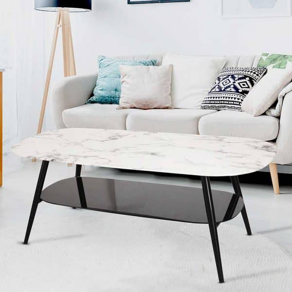 Retro Sofatisch Glasplatte in Marmoroptik zusätzliche Ablage