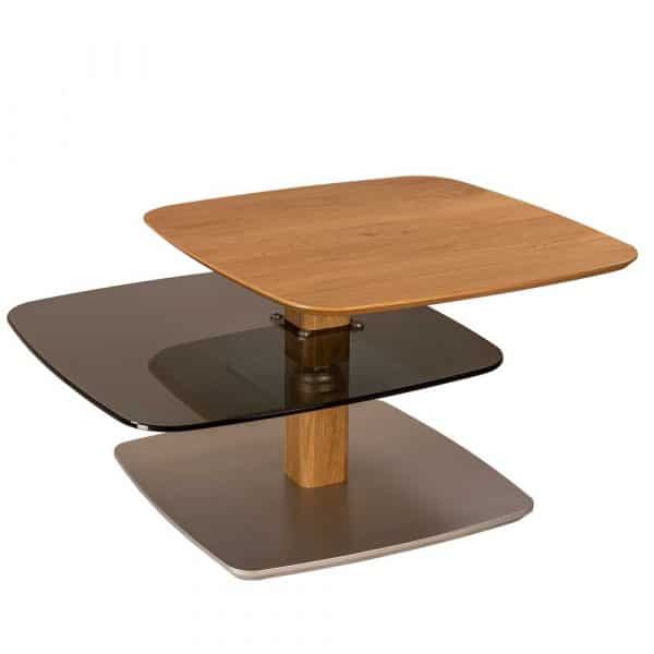 Sofa Tisch aus Parsolglas und Wildeiche Massivholz höhenverstellbar