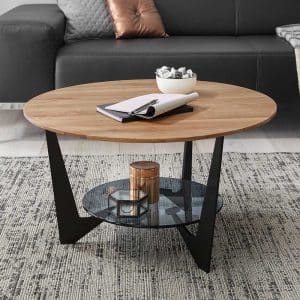 Sofa Tisch mit Ablage aus Eiche Massivholz Sicherheitsglas