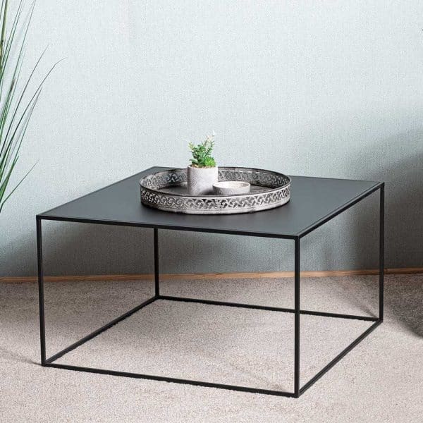 Schwarzer Designcouchtisch mit Metallplatte Bügelgestell