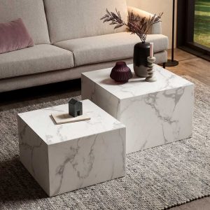 Beistelltische Sofa in weißer Marmor Optik quadratischer Tischplatte (zweiteilig)