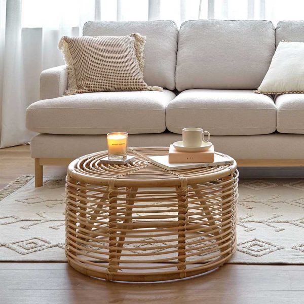 Rattan Geflecht Couchtisch in Beige 66 cm Durchmesser