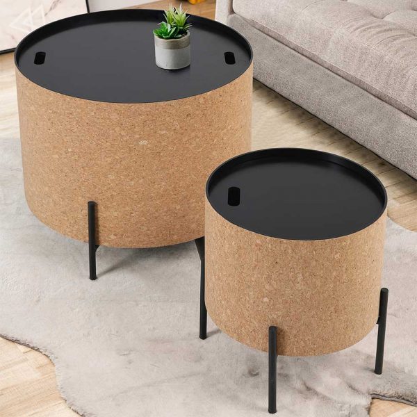 Couchtisch Set mit Kork Tischplatten abnehmbar 63 cm breit (zweiteilig)