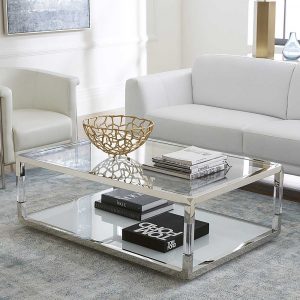 Designercouchtisch Transparent und Weiß Edelstahl und Glas