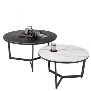 Wohnzimmer Tisch Set rund in Schwarz und Weiß Keramikplatte (zweiteilig)
